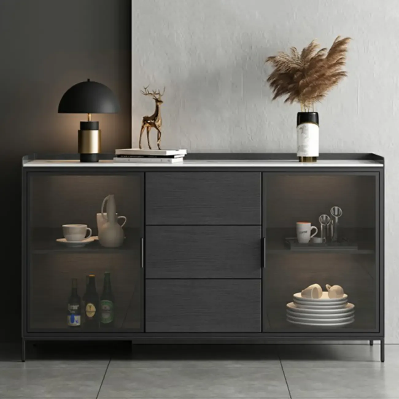 Modern Wooden Buffet Table with Stone Top and Storage