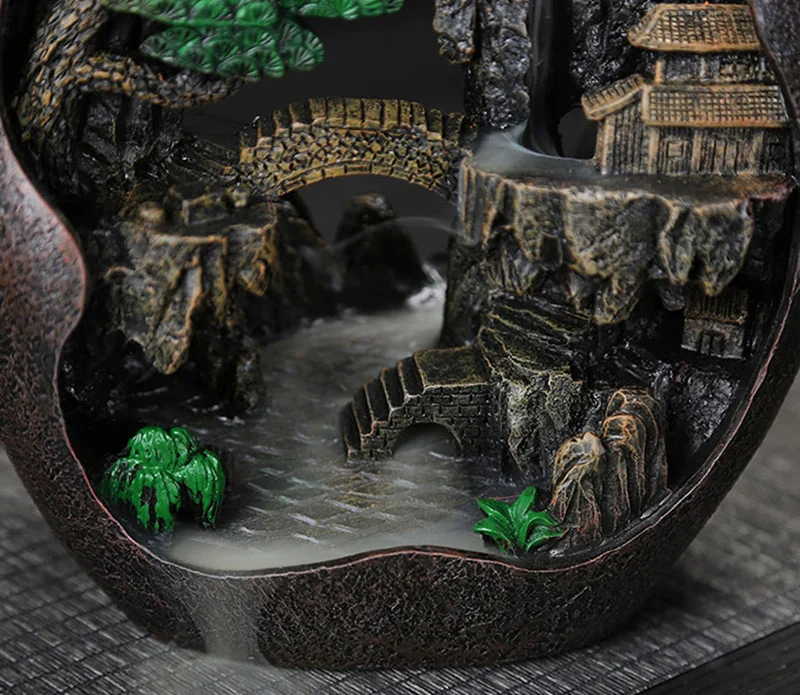 HULIANFU Mountain River Waterfall Incense Burner Creative Home Decor Incense Holder Portable Resin Smoke Backflow Censer Handicrafts - Deanwangkt