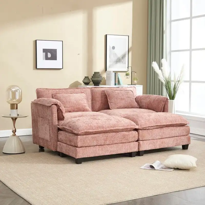 76.77 Chenille Upholstered Sofa with 2 Ottomans