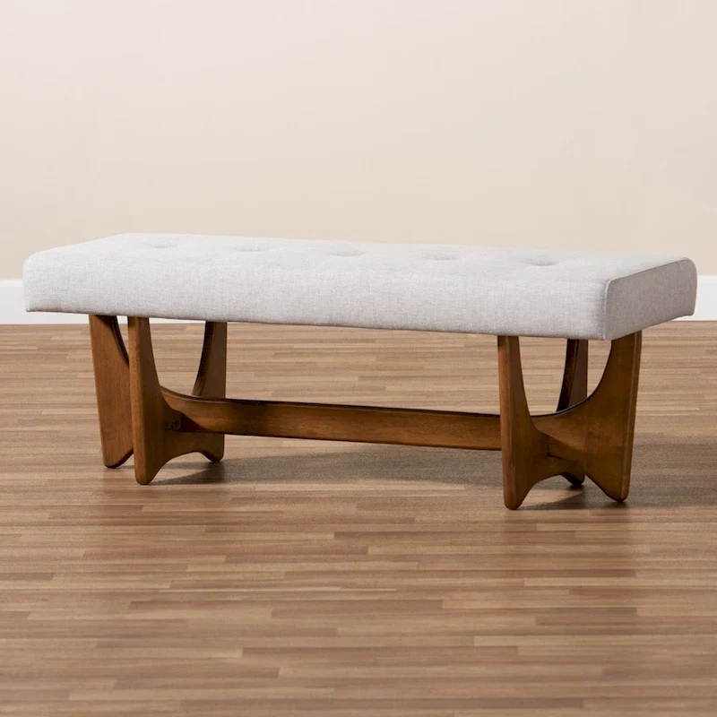 Theo Mid-Century Modern Fabric Upholstered Walnut Finished Bench - 17.9 High x 48.8 Wide x 18.3 Deep
