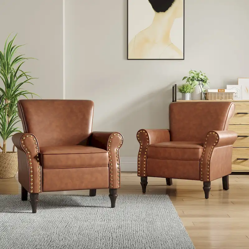 2 Set Nailheads Accent Chair Faux Leather Armchair