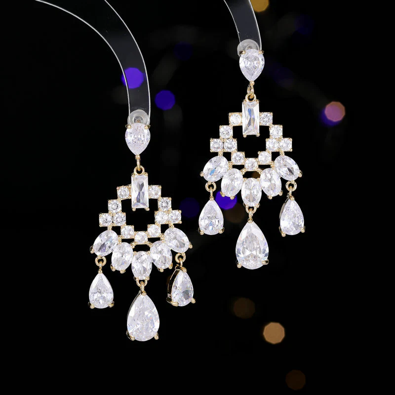 2025 Heavy Industry Exaggerated Atmospheric Earrings Wholesale Long Luxury Bright Water Drop Zircon Inlaid Dinner Dress with Earrings - Deanwangkt