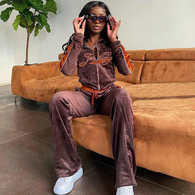 Hulianfu Letter Print Velvet Tracksuit Women 2 Piece Sets Fashion Outfits Female Zipper Sport Activitywear Suits Leisure Streetwear Moda - Deanwangkt