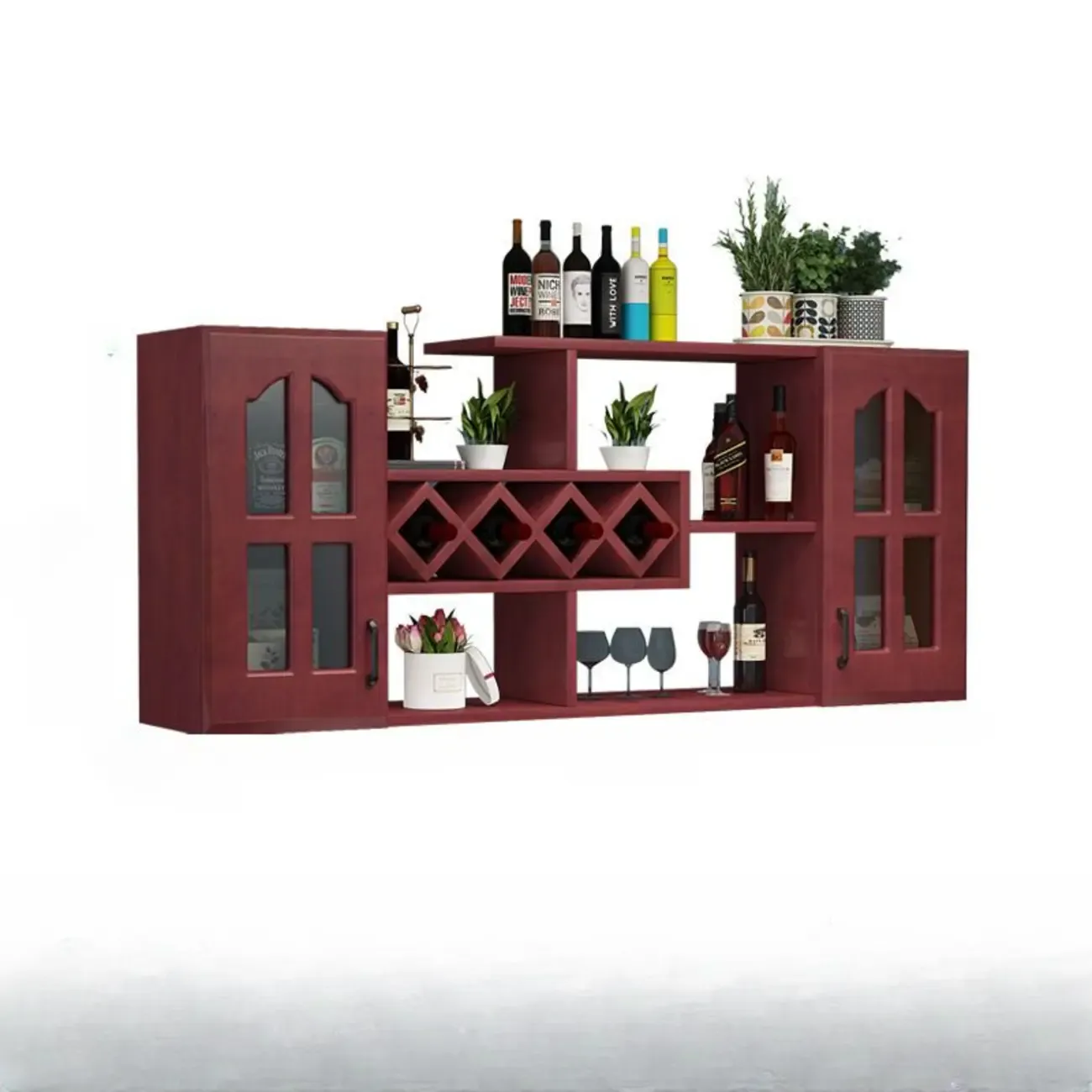 Wooden Wall-Fixed Bottle Holder Rack with Glass Holder Shelf
