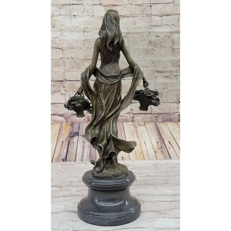 Real Bronze Statue Farmer Girl W/Flower Basket Sculpture Fall Harvest Figurine Art