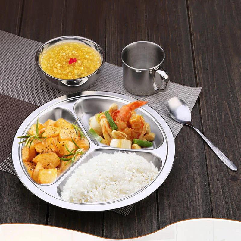 HULIANFU Stainless Steel Dinner Plate 3 Sections Round Divided Dish Children Fruit Snack Tray Baby Bowls Kitchen Tableware Dia 22/24/26cm - Deanwangkt