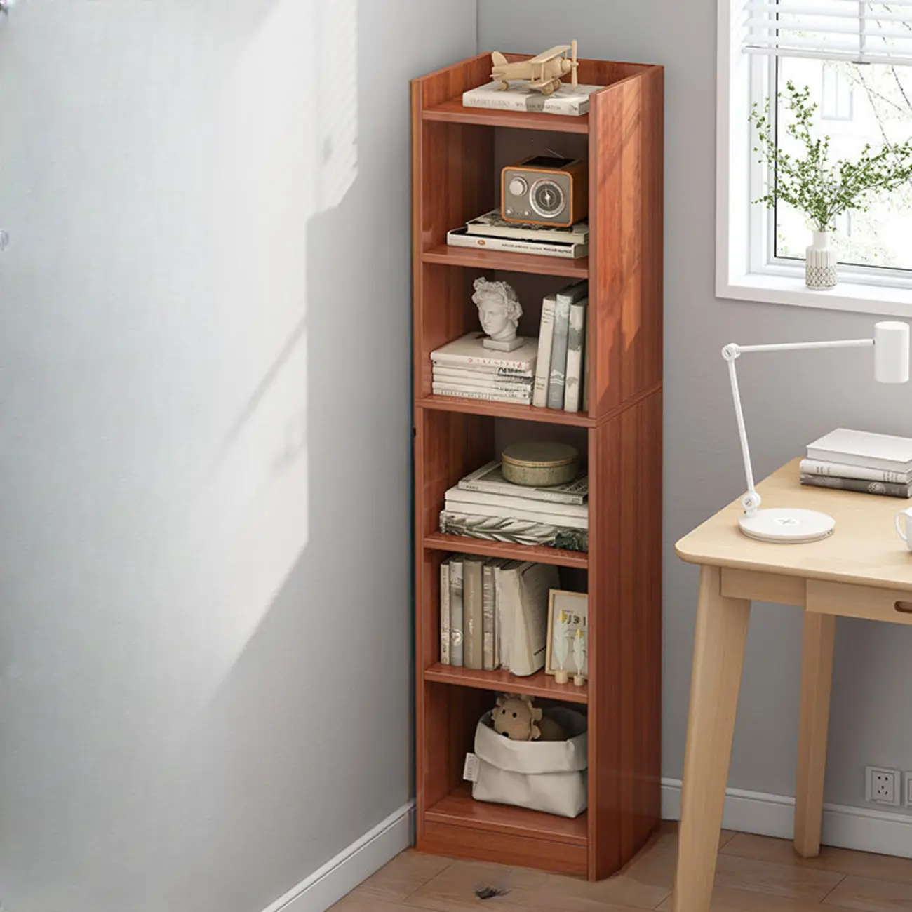 Scandinavian Oak Rectangle 5-Shelf Wood Bookcase