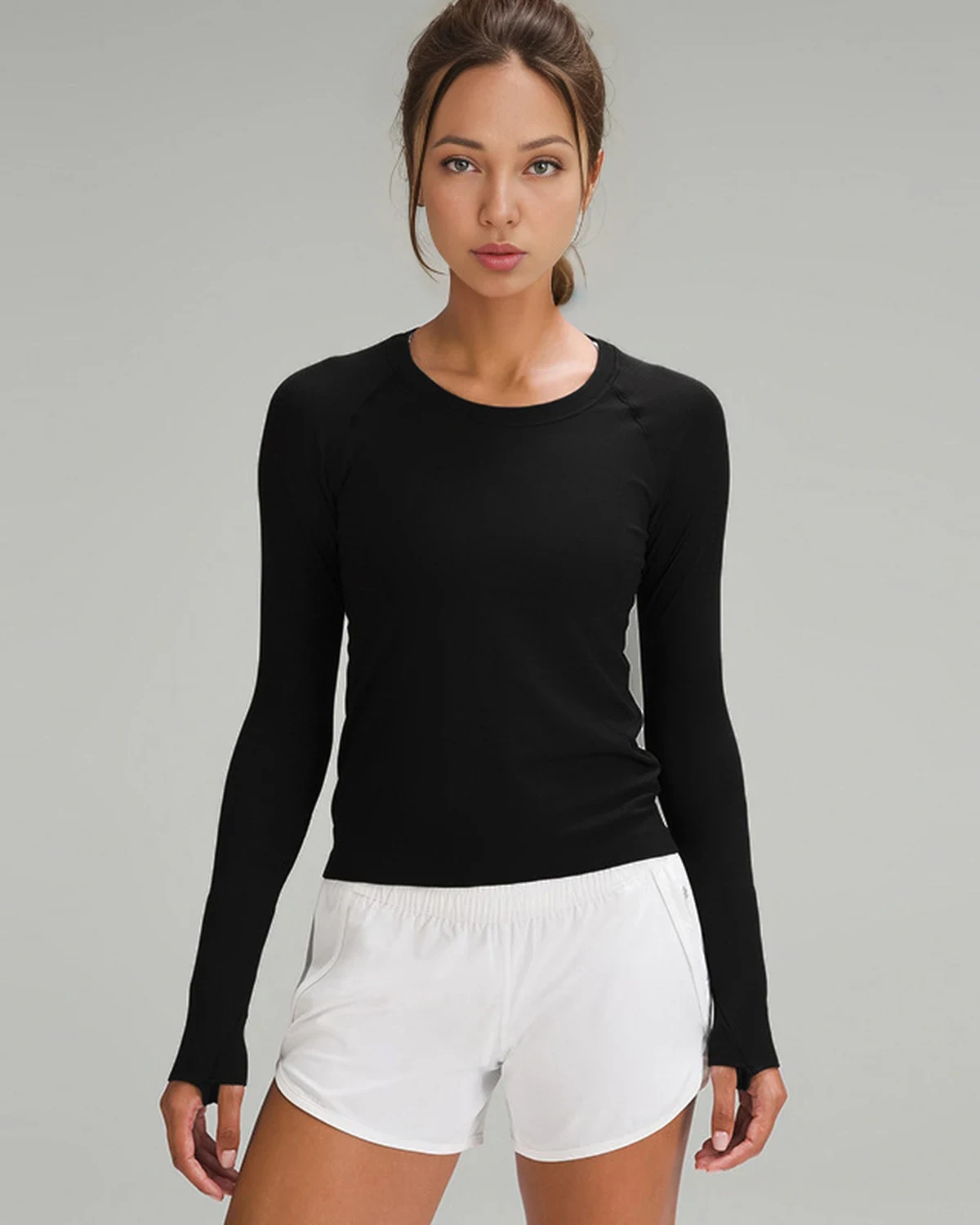Raglan women's sports long-sleeve top with thumbholes, quick-dry fitted seamless Pilates yoga shirt for running, fitness, and training