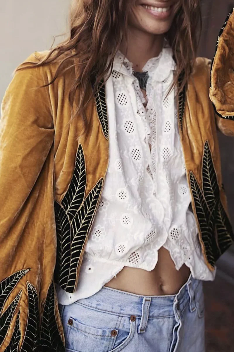 hulianfu Casual Print Patchwork Cardigan Collar Outerwear - Deanwangkt