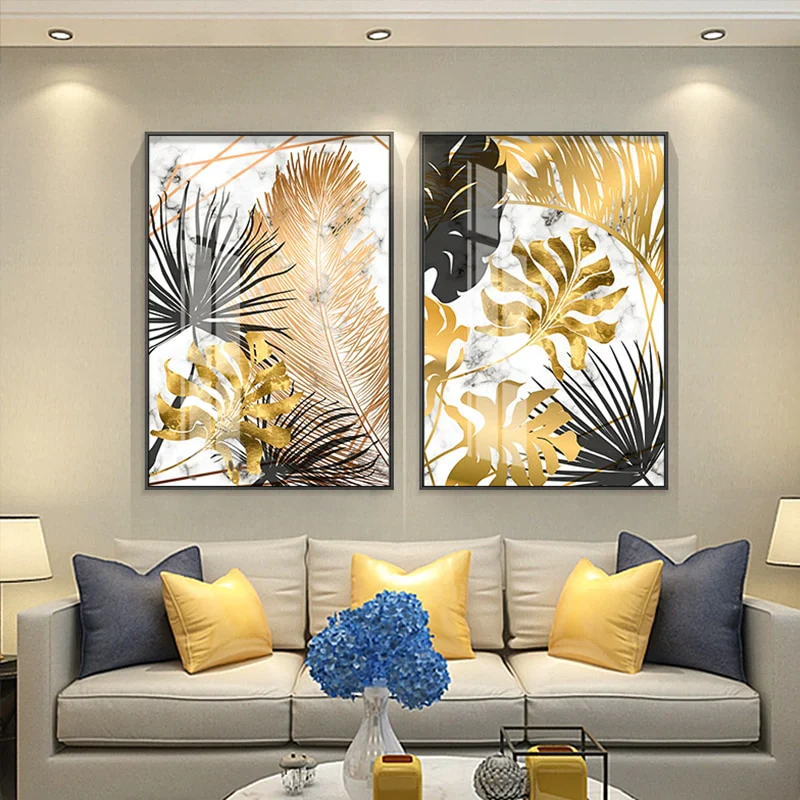 HULIANFU Nordic Golden Abstract Leaf Flower Wall Art Canvas Painting Modern Plant Poster Print Wall Picture Living Room Unique Decoration - Deanwangkt