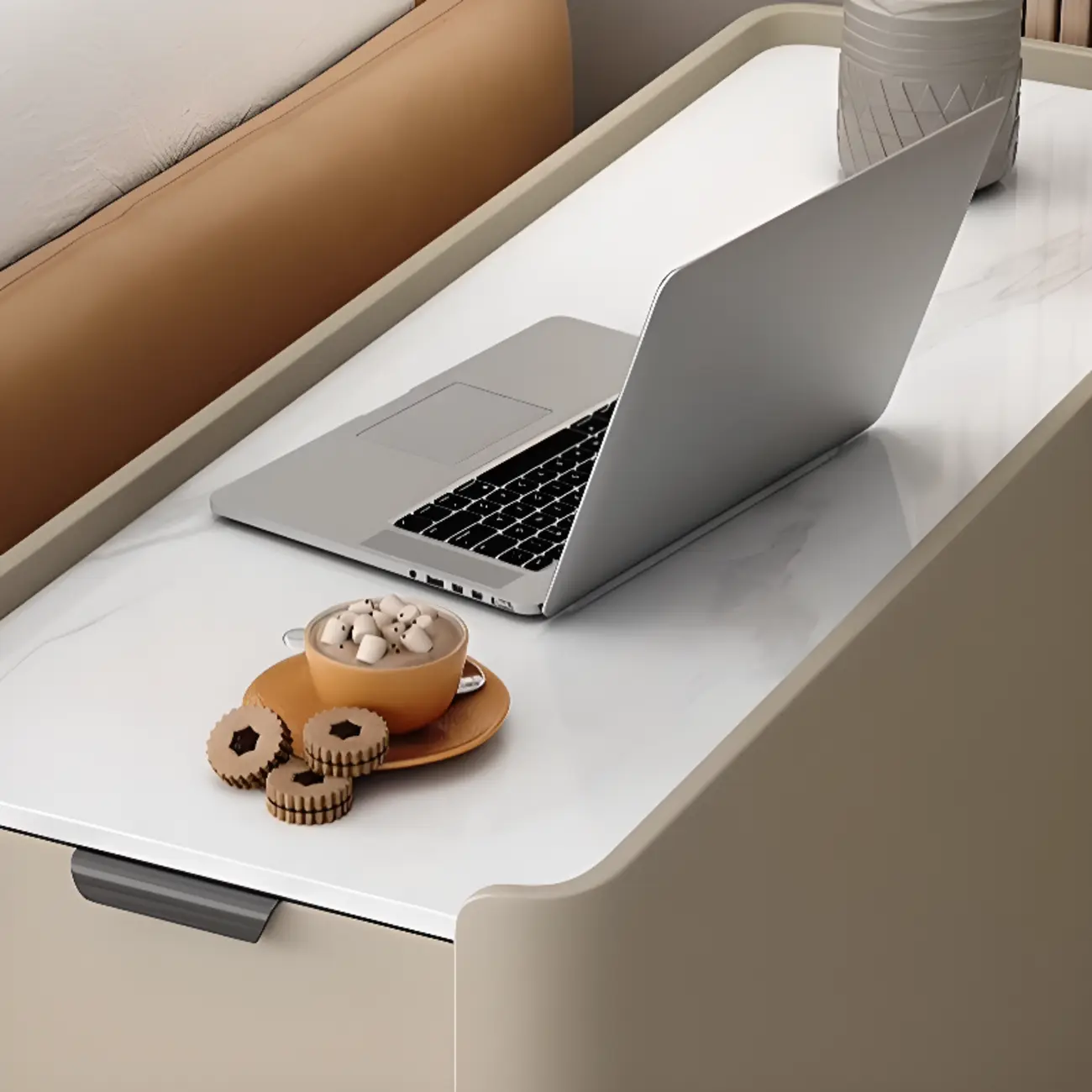 Compact Khaki Stone Top 2-Drawer Wood Block Side Table