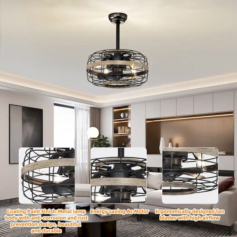 18  Farmhouse Caged Ceiling Fan with Remote Control  Rustic Wood Enclosed Fan, 3-Speed Reversible for Bedroom - 18  * 18  * 10