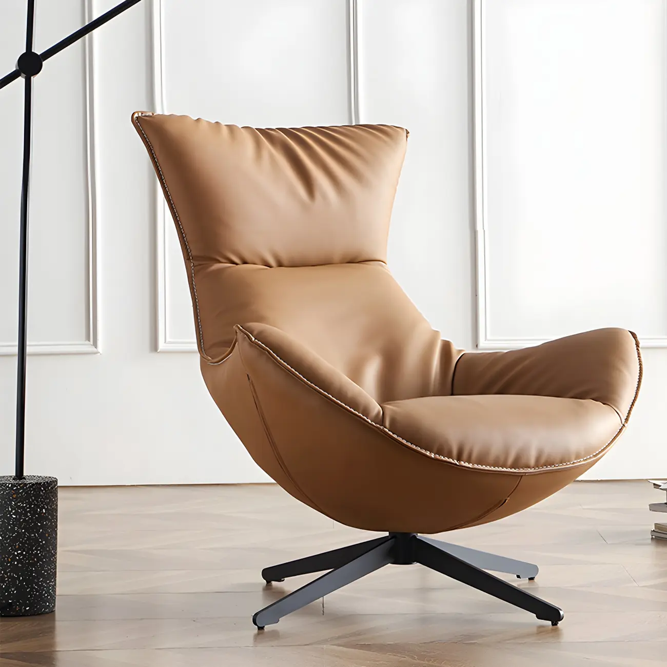 Modern Leather Brown Lounge Chair with Ottoman