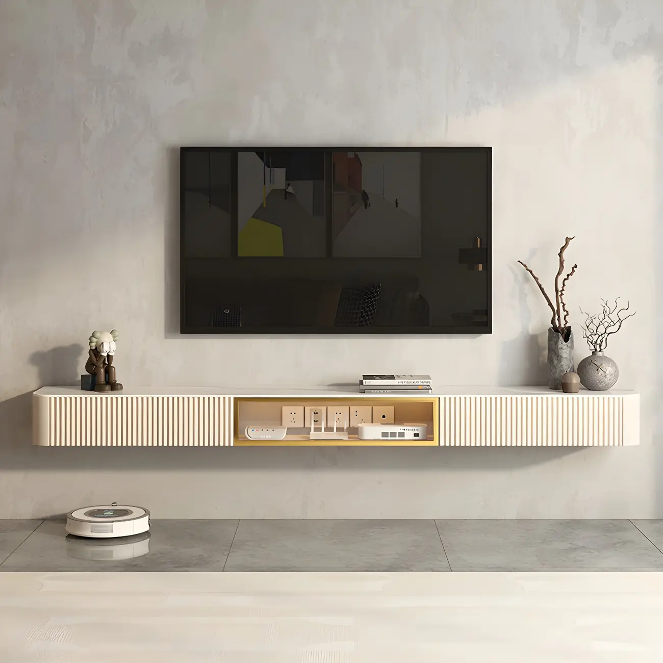 71 Beige Stone Floating TV Stand with Cable Management