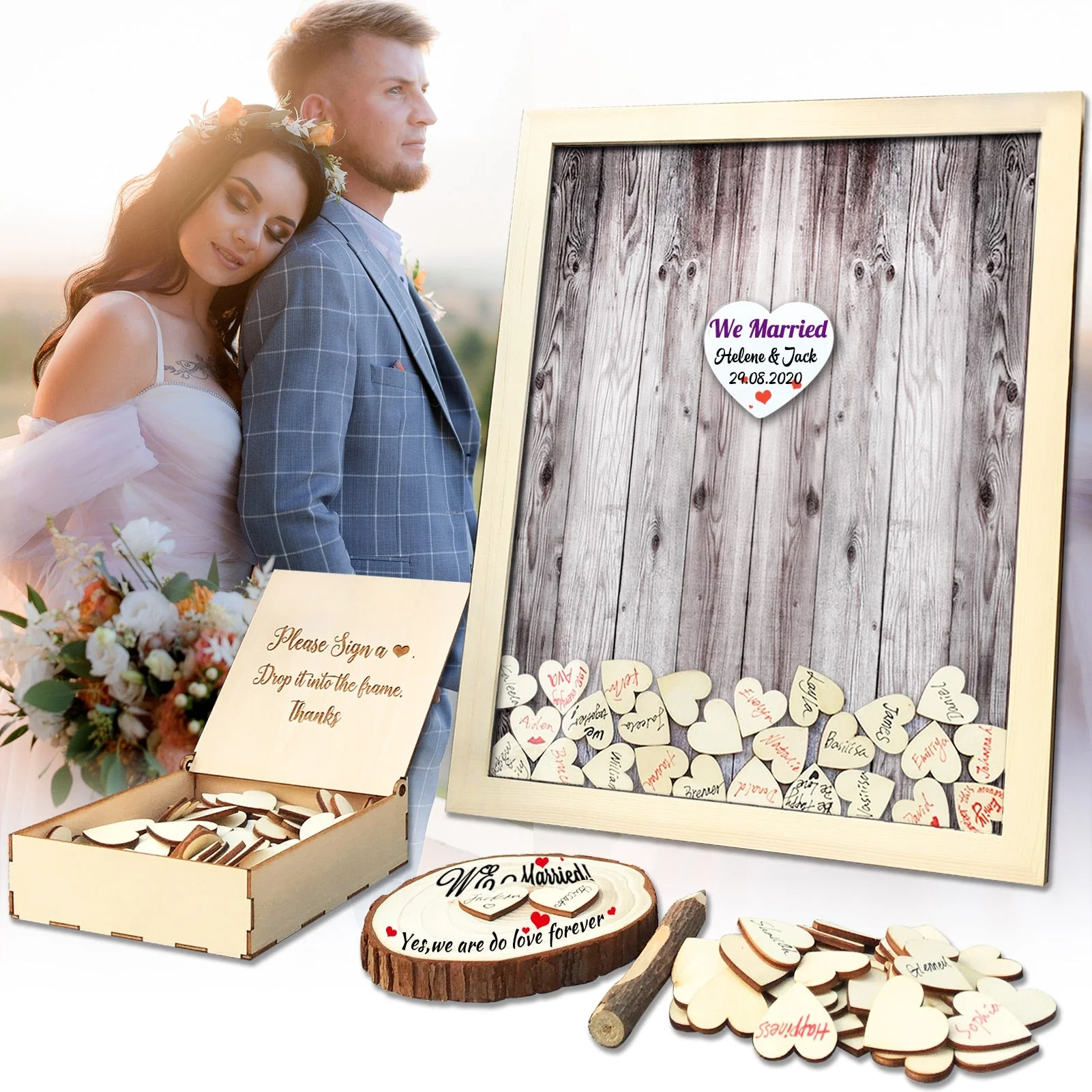 HULIANFU Wedding Guest Book Personalized Wedding Decoration Rustic Sweet Wedding Guestbook 120pcs Small Wood Hearts - Deanwangkt