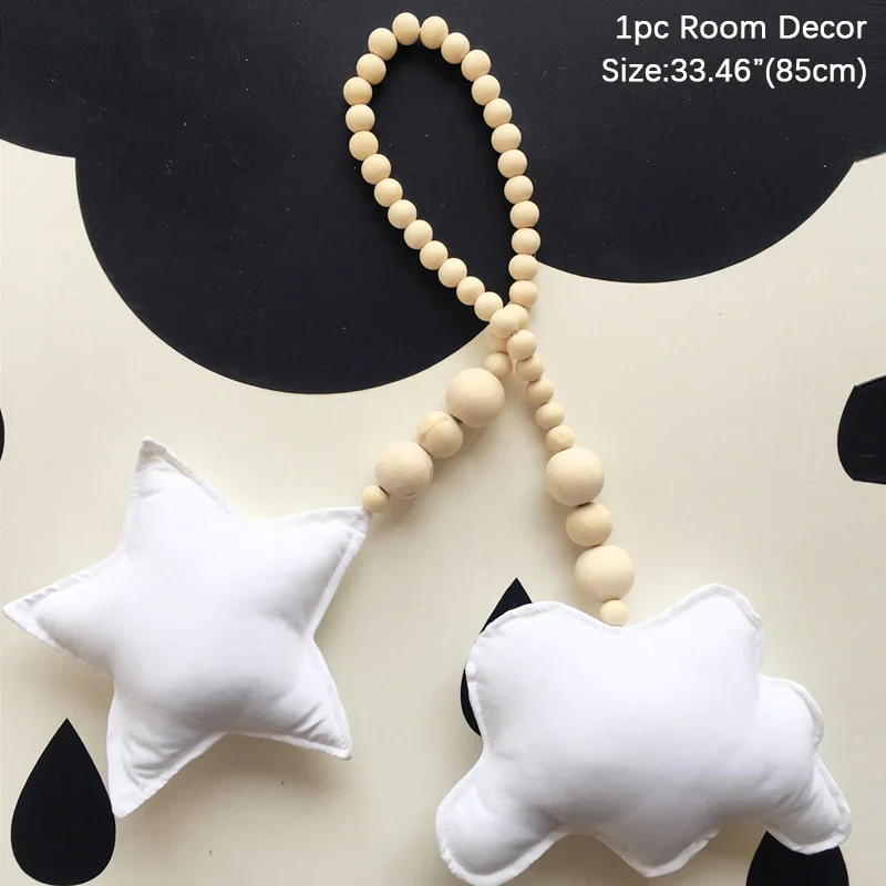 HULIANFU Nordic Boho Room Decor Double Star Moon Wooden Beads Cotton Hanging Wall Decoration Kawaii Kids Baby Bedroom Living Room Decor - Deanwangkt