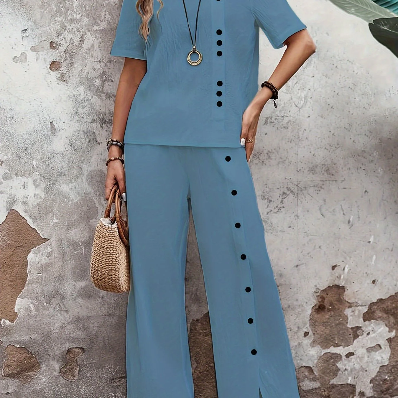Two-Piece Elegant Crew Neck Short Sleeve Top and Split Wide Leg Pants Set - Soft Micro Elastic Polyester Fabric, Solid Color, and Classic Style for Spring/Summer - Womens Clothing Outfit - Deanwangkt