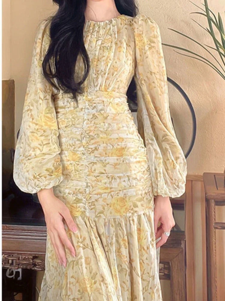 Hulianfu Floral Print Lace Midi Dresses for Women Clothing Elegant Long Sleeve Folds Party Prom Female Beach Bodycon Dress Summer 2026 - Deanwangkt