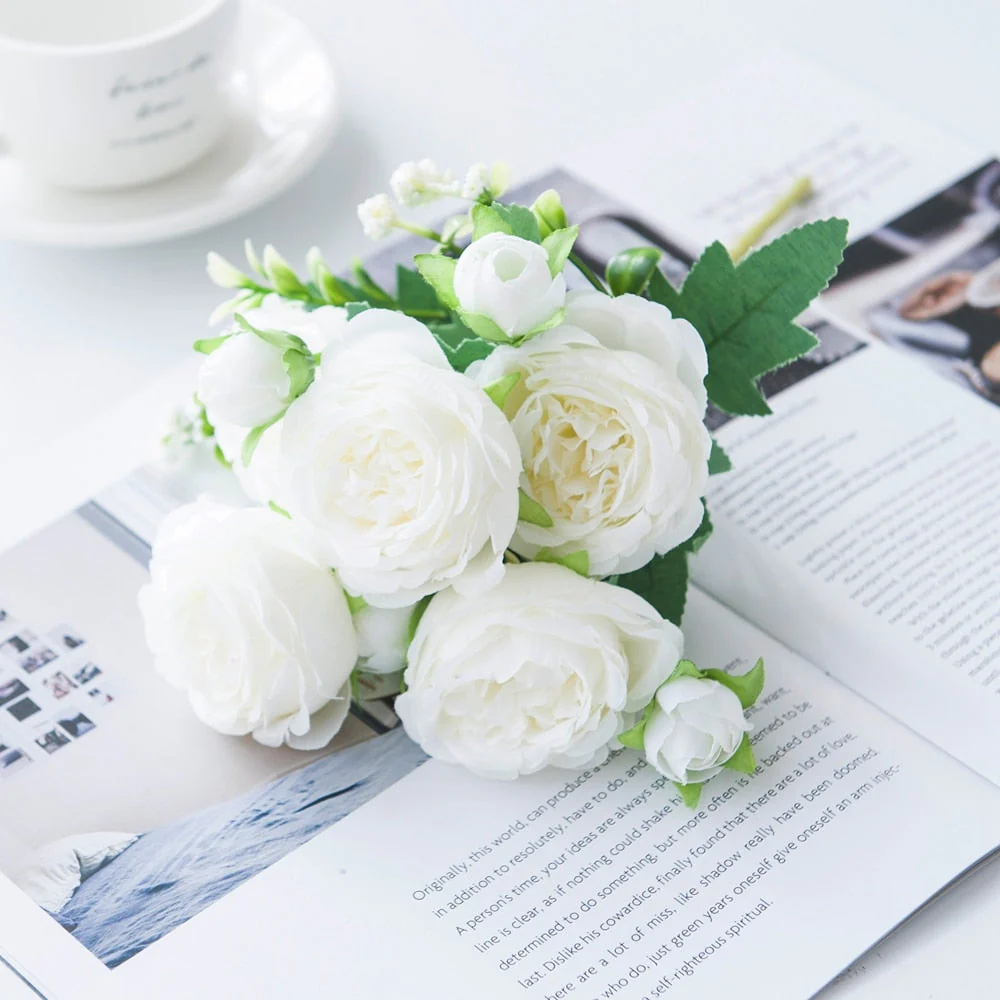 HULIANFU White Roses Artificial Flowers Silk Peonies Wedding Decorative Vases for Home Decor Bride Bouquet Foam Craft Gifts Fake Plants - Deanwangkt
