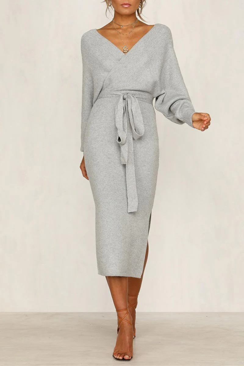 hulianfu hulianfu V Neck Backless Sweater Dress(5 Colors) - Deanwangkt