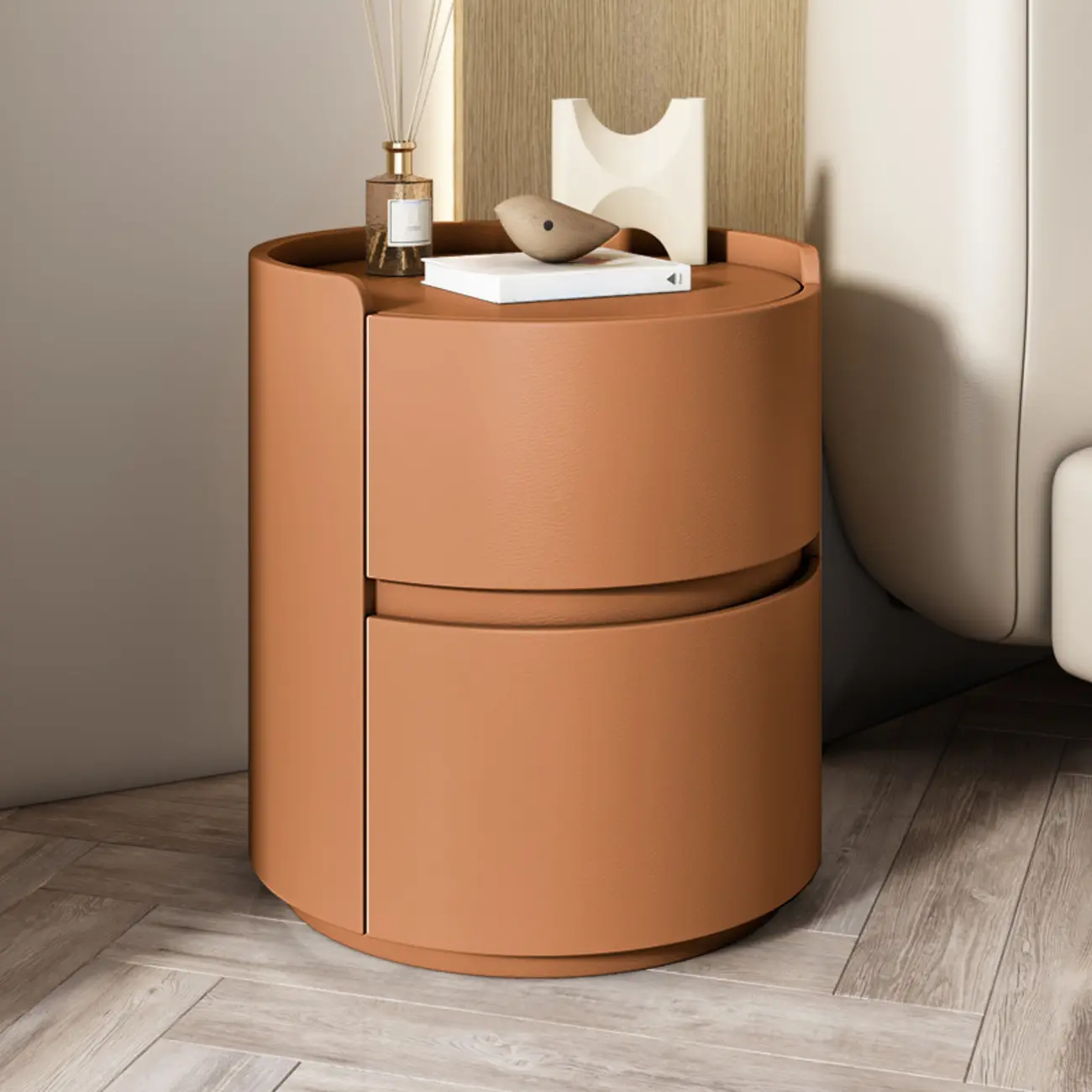 Modern Leather Tray Round 2-Drawer Nightstand