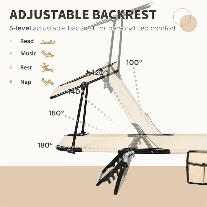 2 Piece Steel Frame Folding Chaise Lounge with Canopy Shade and Pocket