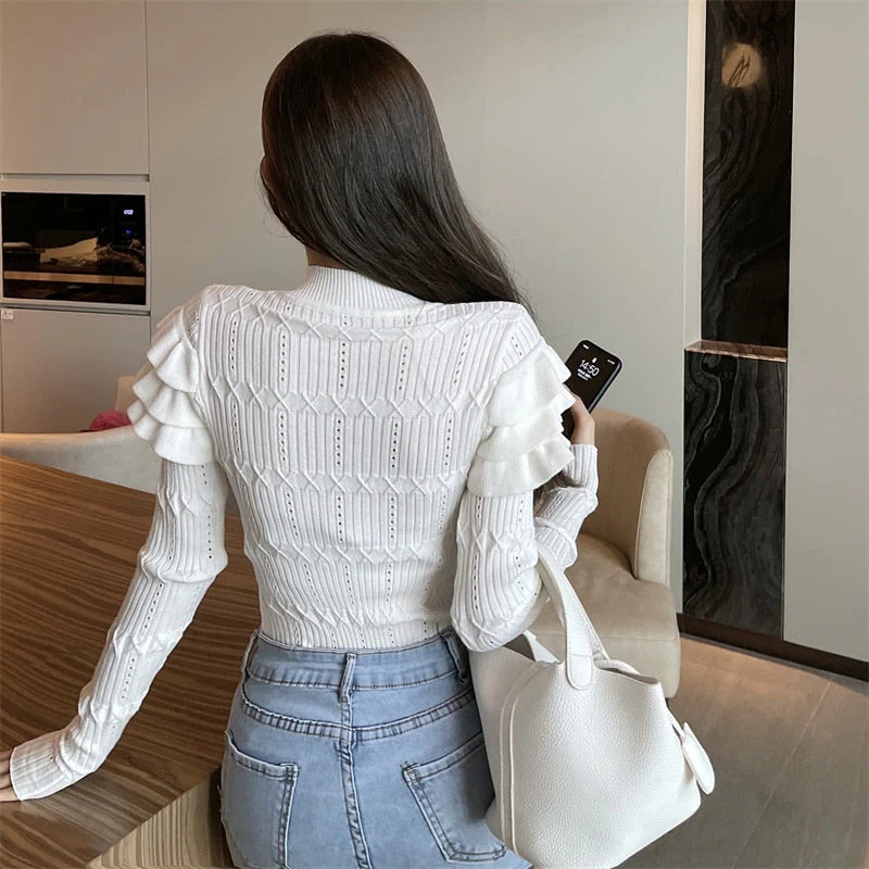 Hulianfu Full Sleeve Turtleneck Buttons Sweater Jumpers Girls Stretchy Chic Ruffles Autumn Spring Sweaters Pullovers Tops Women - Deanwangkt