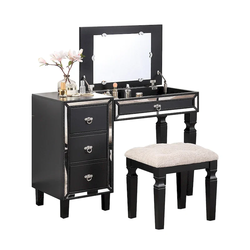 Fabric and Wood Vanity Set with Stool