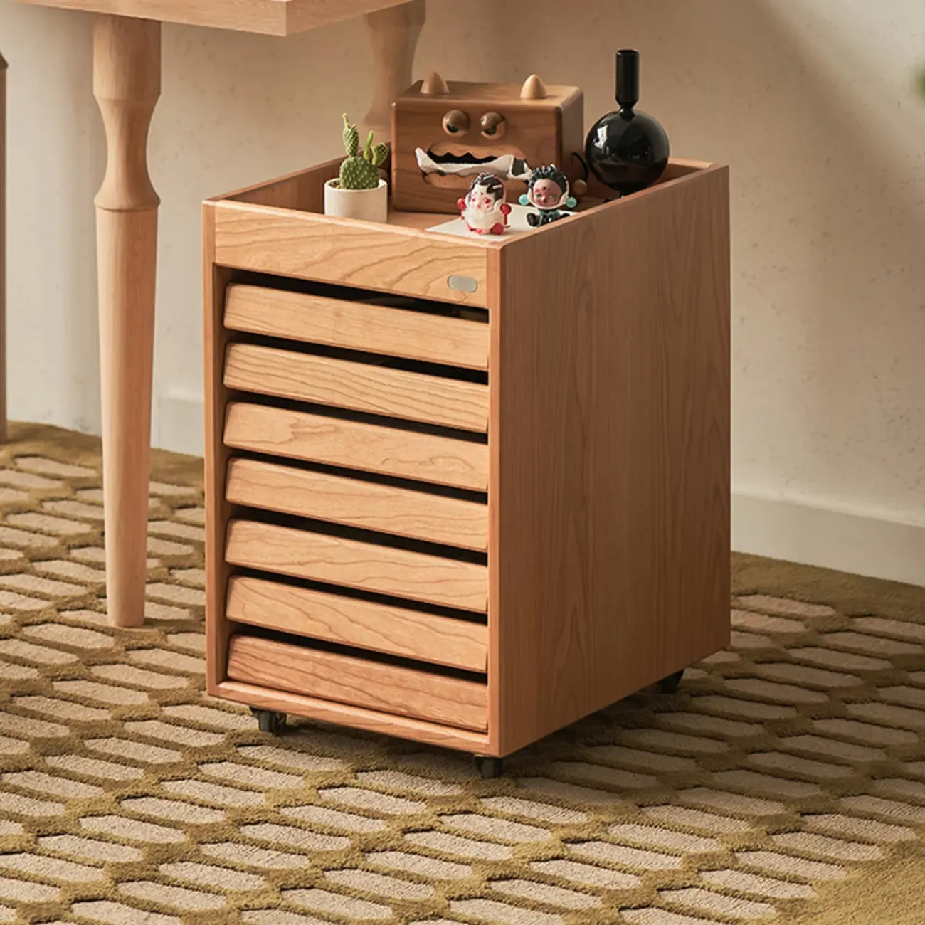 Modern Cherry Wood Rolling Side Table with Drawers