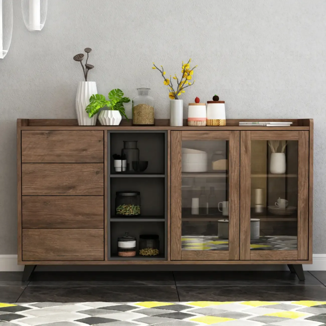 4-Drawer Taupe Wood Sideboard with Glass Doors