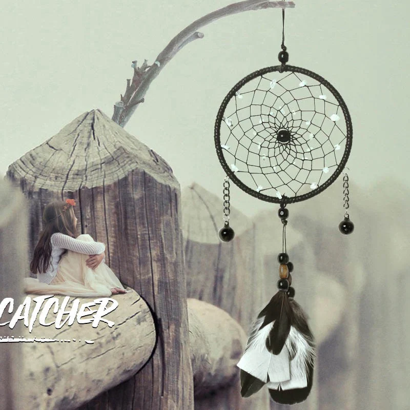 HULIANFU Original silver gray dream catcher 2 ring Indian feather hanging art gifts to bestie friends creative valentine's day gifts - Deanwangkt