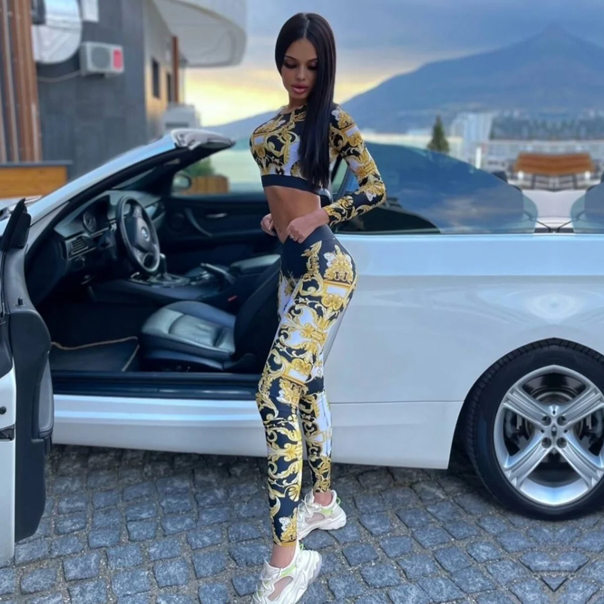 Fashion Women Sexy Long Sleeve Casual Suit Vintage Print Crop Top&Leggings Hight Waist Fitness Breathable Outfit - Deanwangkt
