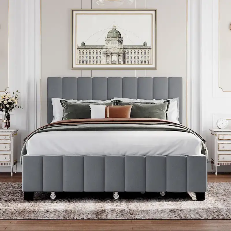 Queen Size Velvet Platform Bed with 1 Twin XL Trundle Upholstered Bed Frame and 2 Drawers Storage Bed No Box Spring Needed