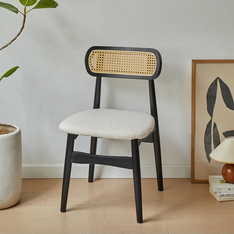 Rustic Black Wooden Armless Dining Chair with Handwoven Back