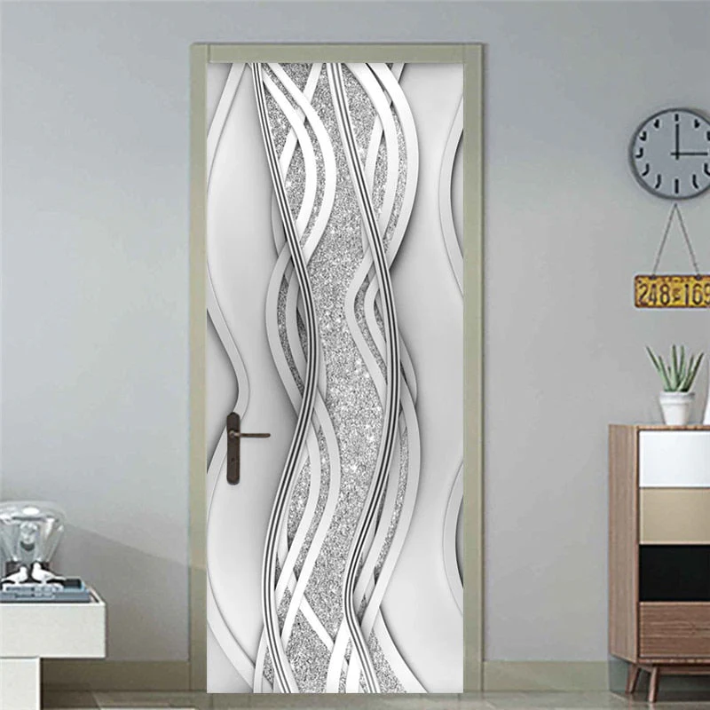 HULIANFU 2026  Modern PVC Door Sticker Self Adhesive Vinyl Silver Water Wave Pattern Waterproof Wall Sticker Home Decor Wallpaper - Deanwangkt