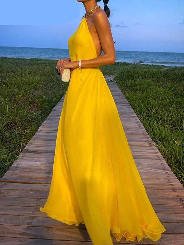 Hulianfu Elegant Backless Yellow Dress Women Chain Halter Neck Sleeveless High Waist Sexy Midi Dresses Summer Party Vestidos - Deanwangkt