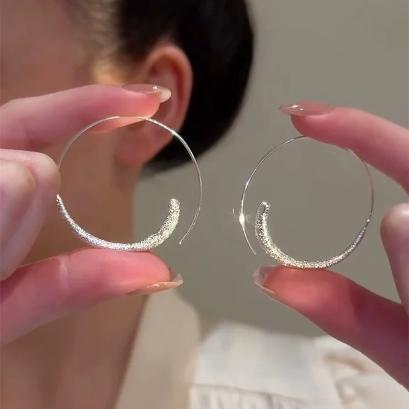 925 silver needle matte silver circle earrings women's  new popular trendy niche temperament simple and versatile earrings - Deanwangkt
