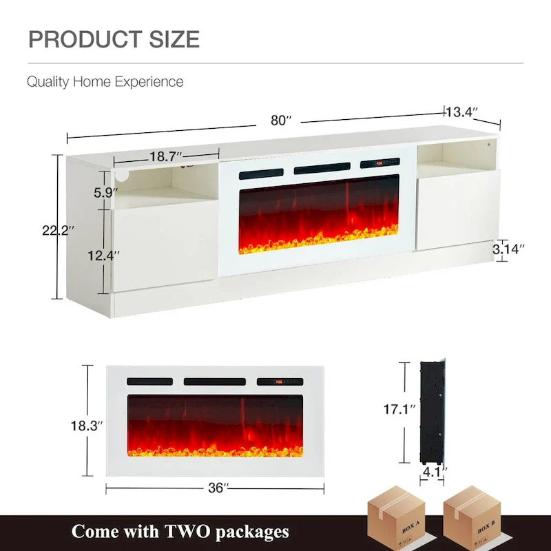 80 TV Stand with 36 Electric Fireplace, White