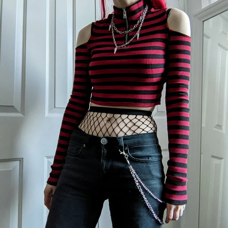 Hulianfu Gothic Mall Goth Striped Print T-shirt Hollow Out Slim Fit Turtleneck Crop Top E-girl Harajuku Grunge Emo Alt Tees Women Clothes - Deanwangkt
