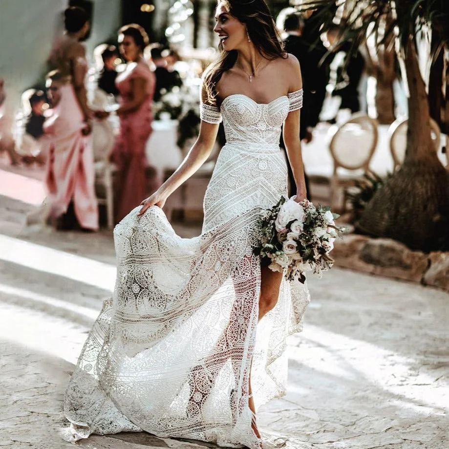hulianfu Simple Boho Mermaid Lace Wedding Dresses Ivory Off the Shoulder Trumpet Bohemian Bridal Gowns Long Beach Bride Dresses - Deanwangkt