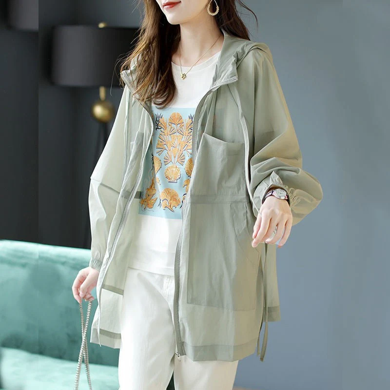 Hulianfu Jackets Women Hooded Fashion Thin Sheer Chic Soft Summer Femme Solid Ins Korean Style Sun-proof Harajuku High Street Holiday New - Deanwangkt