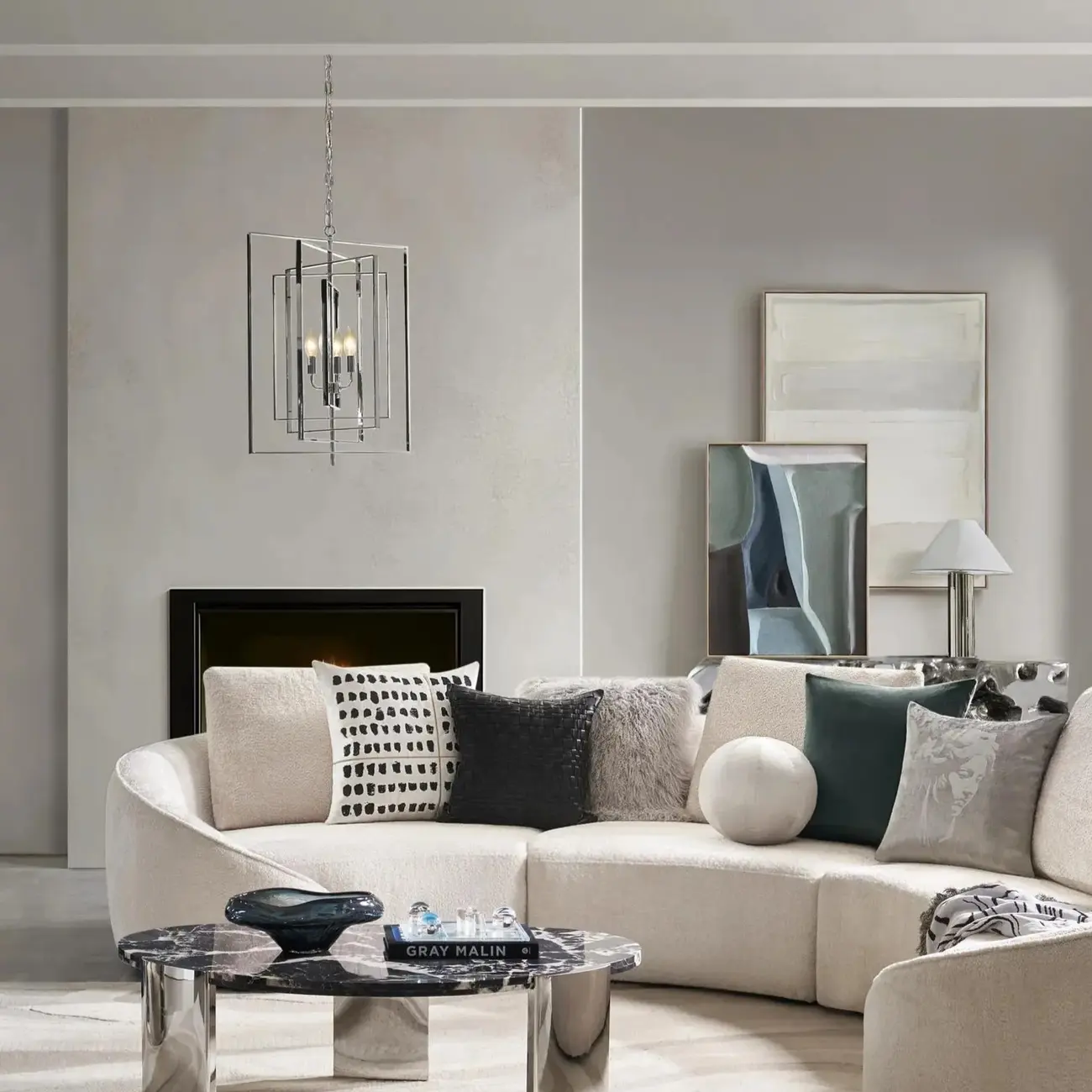 Modern Silver Rectangular Metal Cage Chandelier