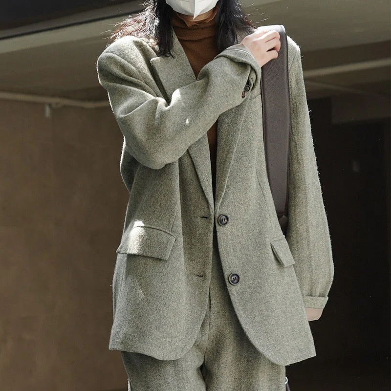 Hulianfu Fall Winter Women's Casual Coat Solid Color Single Breasted Pocket Decorative Loose Wool Blazer Jacket - Deanwangkt