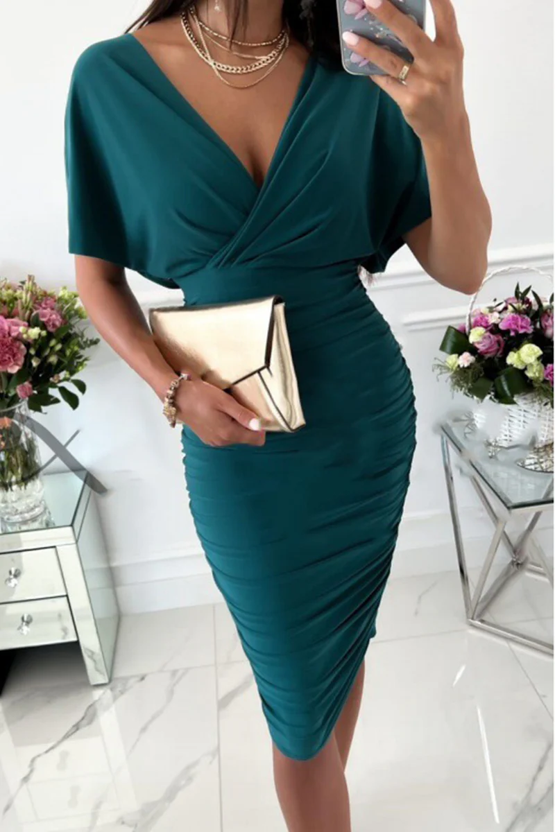 hulianfu Fashion Solid Split Joint V Neck Waist Skirt Dresses(5 colors) - Deanwangkt