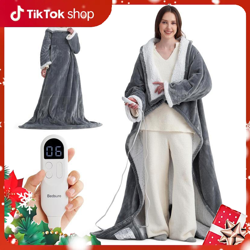 Bedsure Wearable Heated Blanket with Foot Pocket - Electric Snuggle Blanket for Adult with Sleeves, Winter Gifts for Mom Women Girlfriend, Warm Sherpa Heating Throw, Auto Shut Off, 50 x 71+18