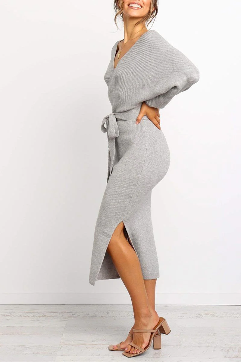 hulianfu hulianfu V Neck Backless Sweater Dress(5 Colors) - Deanwangkt