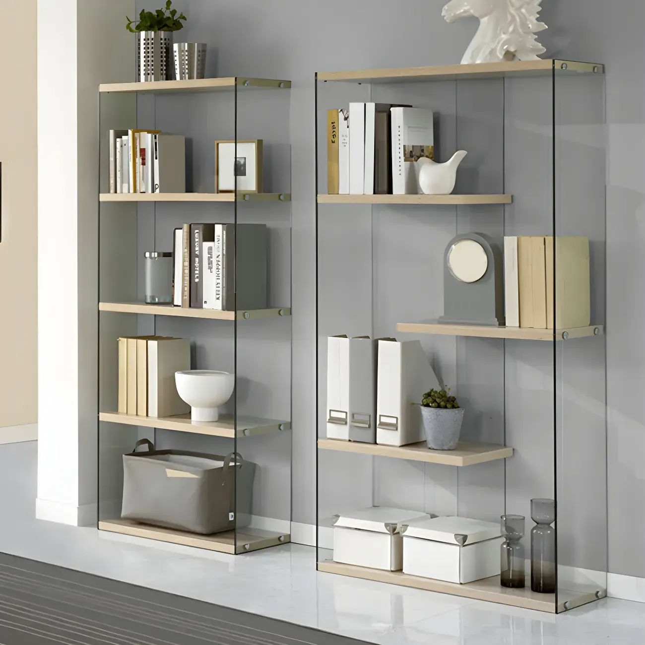 Trendy Glass and Wood Open Display Etagere Bookcase