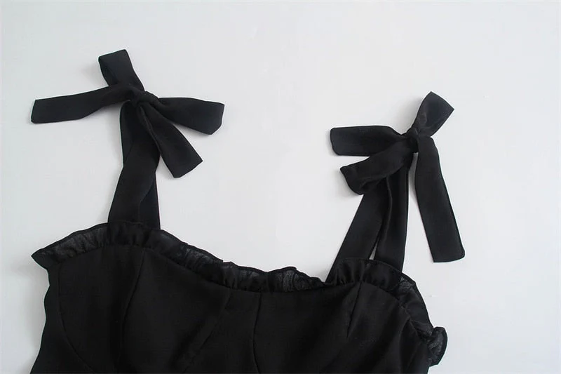 Hulianfu Lace-up Slim-Fitting Edible Tree Fungus Folds Summer New Women Black Elastic Sling Ruffle Camisole Crop Top Zipper - Deanwangkt