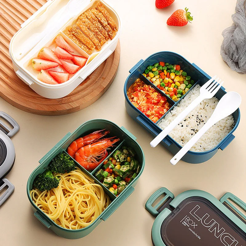 HULIANFU Lunch Box 2 Layers Grids Student Office Worker Microwave Hermetic Bento Box Outdoor Picnic Fruit Food Container with Fork Spoon - Deanwangkt