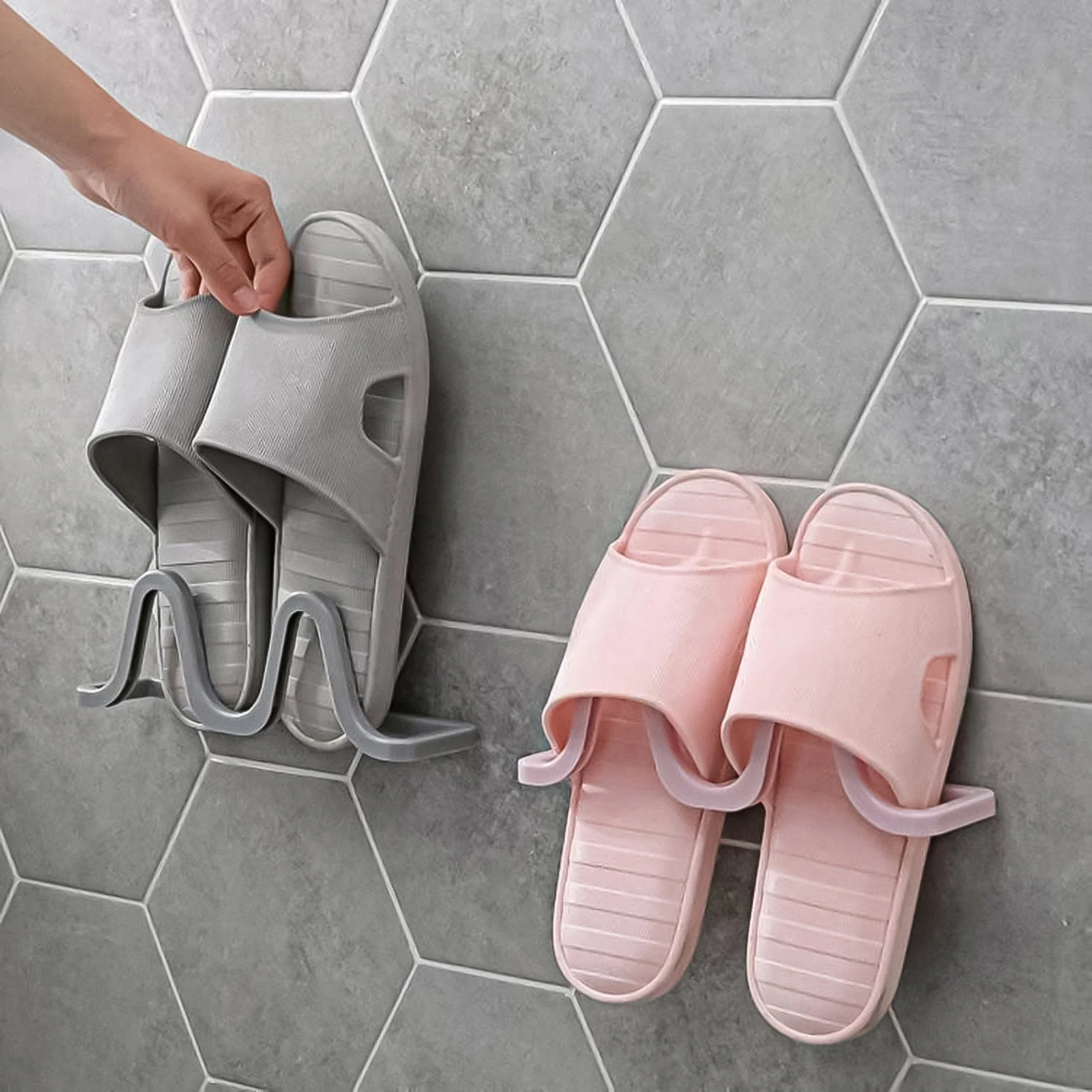 HULIANFU Wall Mounted Shoe Rack Bathroom Slippers Hanger Adhesive Slippers Shelf Home Space Saving Shoe Holder Plastic Organizer - Deanwangkt